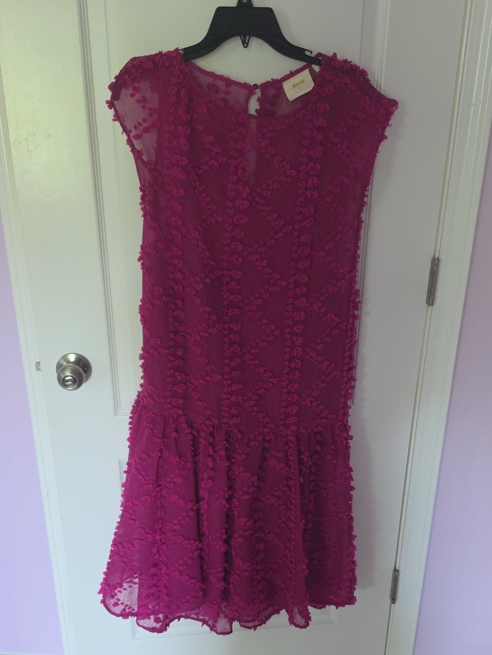 Anthropologie Fuchsia Pom-Texture Drop-Waist Dress